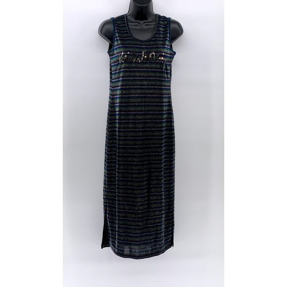 KEITH HARING By GGPX Women's Black-Multi Striped Metallic V-Neck Midi Dress SZ S - Picture 1 of 11